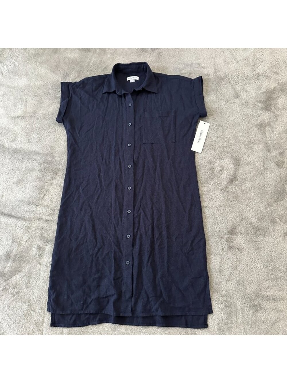 NWT Calvin Klein Navy Blue Linen Blend Shirt Dress Women's 2 Resortwear Classic
